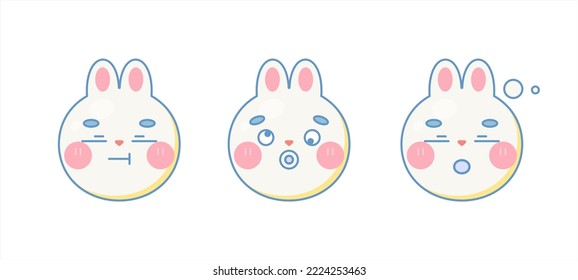 Sleepy and thoughtful cute rabbit emoji faces set. Isolated on white background. Vector cartoon Illustration.