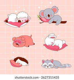 Personagens de animais no tempo sonolento.  Conjunto Aconchegante de Desenhos Animados de Dormir