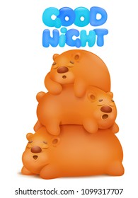 sleepy time three teddy bears cartoon characters card vector illustration