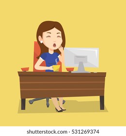 Sleepy tired business woman holding a cup and yawning while working in office. Exhausted business woman yawning and drinking coffee at work in office. Vector flat design illustration. Square layout.