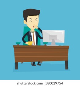 Sleepy tired businessman holding cup of coffee and yawning while working in office. Exhausted businessman yawning and drinking coffee at work in office. Vector flat design illustration. Square layout.