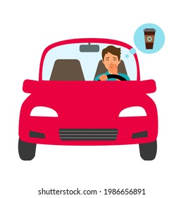 Sleepy tired driver thinking about coffee in flat design on white background. Fatigue overworked male driver has a long trip.