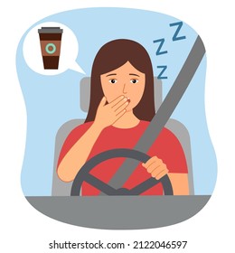 Sleepy tired driver thinking about coffee in flat design on white background. Fatigue overworked female driver has a long trip.