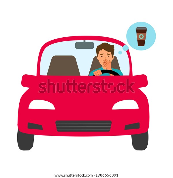 Sleepy tired driver thinking about coffee in flat\
design on white background. Fatigue overworked male driver has a\
long trip.
