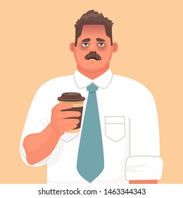 Sleepy or tired employee. A hangover or a disease. Sad businessman holding a glass of coffee. The concept of the beginning of the work week. Vector illustration in cartoon style