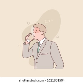 Sleepy or tired employee. A hangover or a disease. Sad businessman holding a glass of coffee. The concept of the beginning of the work week. Hand drawn style vector design illustrations.