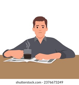 Empleado somnoliento o cansado. Una resaca o una enfermedad. Un hombre de negocios triste con un vaso de café sentado en el escritorio. Ilustración vectorial plana aislada en fondo blanco