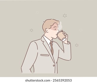 Sleepy or tired employee. A hangover or a disease. Sad businessman holding a glass of coffee. The concept of the beginning of the work week. Hand drawn style vector design illustrations.