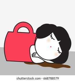 Sleepy Tired Exhausted Girl With Her Empty Coffee Cup Mug Concept Card Character illustrationbrown