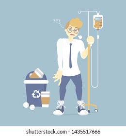 sleepy, tired fatigued, businessman holding IV (intravenous) stand with coffee infusion drip bag and recycle bin, coffee addict, health care concept, vector illustration cartoon flat character design