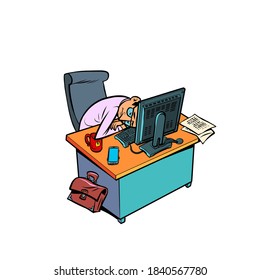 sleepy tired male businessman works at an office workplace at a computer. Comic cartoon vintage retro style