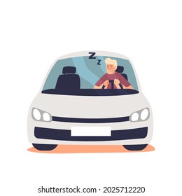 Sleepy tired man driving car feel drowsy. Danger driver sleeping at steering wheel. Frustrated male cartoon character napping in vehicle. Flat vector illustration