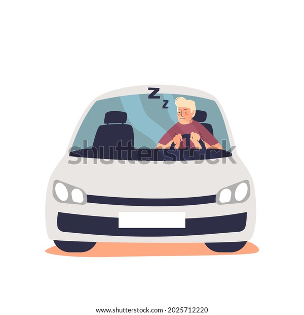 Sleepy tired man\
driving car feel drowsy. Danger driver sleeping at steering wheel.\
Frustrated male cartoon character napping in vehicle. Flat vector\
illustration