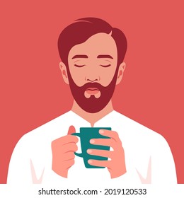 A sleepy and tired man is holding a cup of coffee in his hands. Breakfast at home. An overworked freelancer. Vector flat illustration