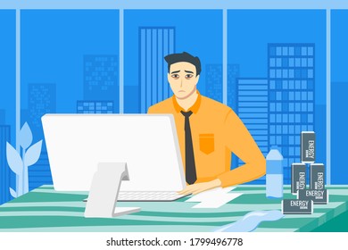 Sleepy Müred Man arbeitet vor Computer Inside Company Büro mit niedrigem Energieniveau bis spät nachts Illustration Vektor. Kann für digitale und gedruckte Infografiken verwendet werden.