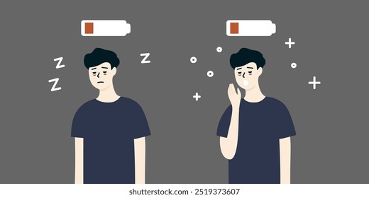 Homem sonolento e cansado bocejando com bateria fraca acima da cabeça. Saúde, desgaste mental, problema de insônia, conceito de estilo de vida. Ilustração de design de vetor de caracteres de pessoas planas.