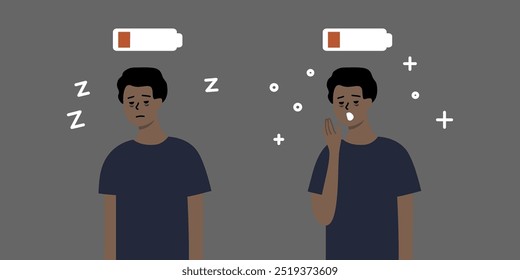 Homem sonolento e cansado bocejando com bateria fraca acima da cabeça. Saúde, desgaste mental, problema de insônia, conceito de estilo de vida. Ilustração de design de vetor de caracteres de pessoas planas.