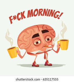 Sleepy tired office worker brain character drink coffee and smoke cigarette. Monday morning. Vector flat cartoon illustration