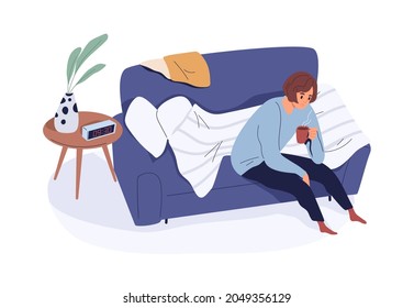 Sleepy tired person on sofa, waking up with cup of coffee in early morning. Drowsy sad woman sitting on couch with tea. Lack of sleep concept. Flat vector illustration isolated on white background