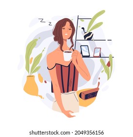 Sleepy tired person waking up with coffee cup. Drowsy woman with hot tea at home. Hard daily morning routine and early Monday wakeup concept. Flat vector illustration isolated on white background