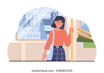 Sleepy tired person. Young girl falls asleep on bus, fatigue and emotional burnout. Overworked woman, worker, employee or student on trip or travel at vehicle. Cartoon flat vector illustration