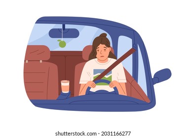 Sleepy tired woman driver in car. Drowsy asleep person driving auto. Female sleeping during ride early in morning. Flat vector illustration of drowsiness in automobile isolated on white background
