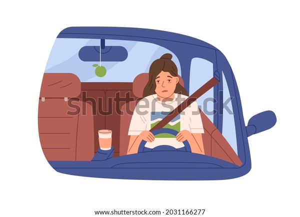 Sleepy tired woman driver in car. Drowsy\
asleep person driving auto. Female sleeping during ride early in\
morning. Flat vector illustration of drowsiness in automobile\
isolated on white\
background