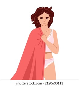 Sleepy tired woman holding blanket or plaid, suffering from insomnia, sleep disorder. Drowsiness and sleepiness. Cartoon character. Vector hand drawn flat illustration.