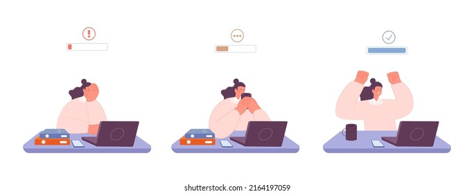 Sleepy tired woman in office drink coffee and get more active for working process. Caffeine energy, morning addiction for wake up vector concept