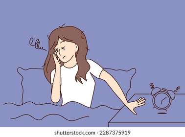 Sleepy and tired woman sits in bed and tries to turn off the alarm clock. Fight insomnia and stress at night. Exhaustion from work. Flat vector illustration