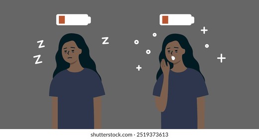 Mulher sonolenta e cansada bocejando com bateria fraca acima da cabeça. Saúde, desgaste mental, problema de insônia, conceito de estilo de vida. Ilustração de design de vetor de caracteres de pessoas planas.