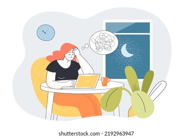 Sleepy tired worker sitting at laptop at night. Busy woman with tangled thoughts working hard overtime flat vector illustration. Stress, deadline concept for banner, website design or landing web