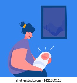 Sleepy Tired Young Mom Holding Crying Baby , Female In Anxiety Mood. Motherhood Vector Concept. Illustration Of Motherhood Frustration, Postpartum Period - Vector