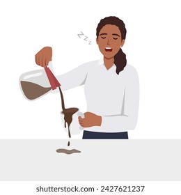 Sleepy tired young woman make coffee in morning feel fatigue after sleepless night. Drowsy girl exhausted need sleep relaxation. Early wakeup and exhaustion. Flat vector