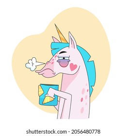 Sleepy unicorn cartoon character sticker. Emoticon of fairy horse holding cup of coffee in profile, animal with horn flat vector illustration isolated on white background. Fairytale, morning concept