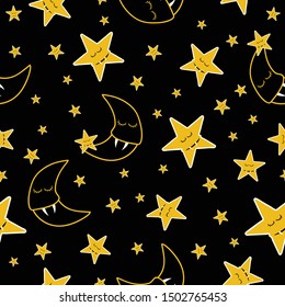 sleepy vampire moon and vampire stars on black background Vector seamless pattern.
