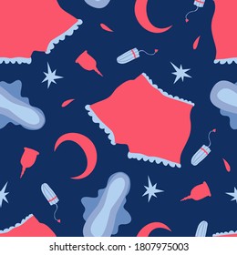 Sleepy vector seamless pattern with panties, night sanitary pads, tampons, menstrual cups, moons and stars on dark blue background
