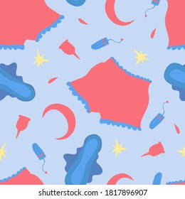 Sleepy vector seamless pattern with panties, night sanitary pads, tampons, menstrual cups, moons and stars on pastel blue background