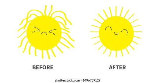 Sleepy Wake up sun shining icon set. Before After. Kawaii face with different emotions. Cute cartoon funny sad happy baby character. Hello summer. White background. Flat design. Vector