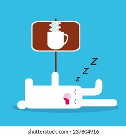 Sleepy white rabbit holds banner with cup of coffee. Vector