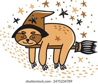 sleepy witch sloth asleep on a broomstick
