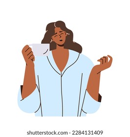 Sleepy woman character wearing pajamas yawning while drinking morning coffee trying to wake up