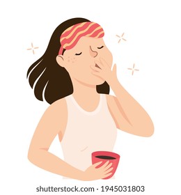 Sleepy Woman with Cup of Coffee Yawning Covering His Mouth with His Hand Feeling Need for Sleep Vector Illustration