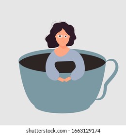 Sleepy woman in a cup with a drink. Coffee addiction concept. Early awakening. Vector. Flat cartoon style. Isolated on white background