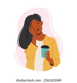 Sleepy Woman Drinking Coffee. Female Character With Tired Expression Holding Cup Of Hot Drink. Morning Routine, Lack Of Sleep, Caffeine Addiction, Fatigue Concept. Cartoon People Vector Illustration