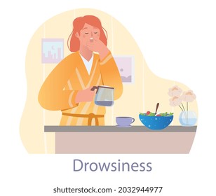 Sleepy woman drinks coffee concept. Drowsiness due to early awakening. Female character replenishes energy reserves with help of drink. Cartoon flat vector illustration isolated on white background