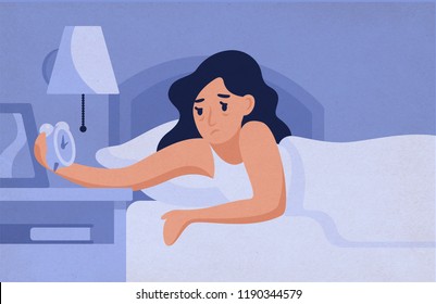 Sleepy Woman Lying On Bed And Looking At Alarm Clock At Night. Female Insomniac Trying To Fall Asleep. Problem Of Insomnia, Sleeplessness, Sleep Disorder. Vector Illustration In Flat Cartoon Style.