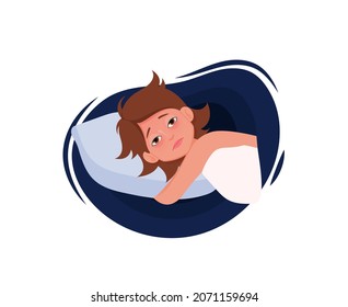 La mujer somnolienta tendida sobre una cama sufre de insomnio. Problema del insomnio. Ilustración vectorial en estilo plano.