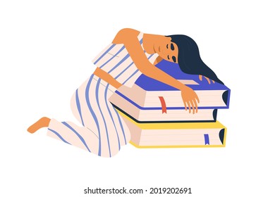 Sleepy woman lying over books and sleeping. Student resting after studying and reading. Asleep reader with academic literature. Education concept. Flat vector illustration isolated on white background