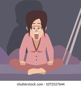 sleepy woman sitting on the bed yawning, vector cartoon illustration in flat style